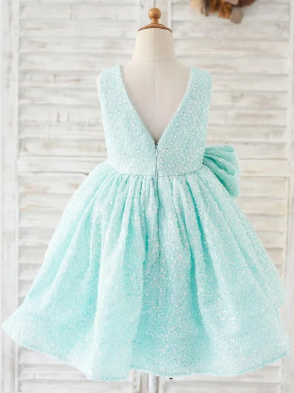 Flower Girl Dress Sequined Bows Jewel Neck Sleeveless Mint Green Free Customization