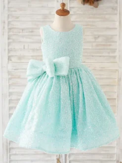 Flower Girl Dress Sequined Bows Jewel Neck Sleeveless Mint Green Free Customization