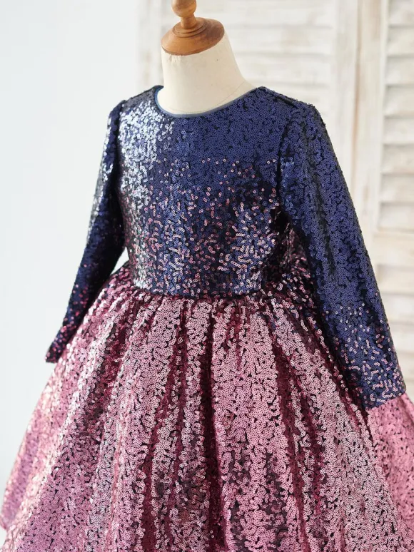 Flower Girl Dress Sequined Bows Jewel Neck Long Sleeves Pink Free Customization