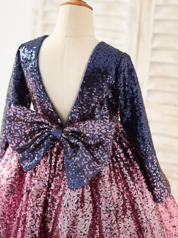 Flower Girl Dress Sequined Bows Jewel Neck Long Sleeves Pink Free Customization