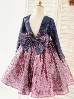 Flower Girl Dress Sequined Bows Jewel Neck Long Sleeves Pink Free Customization