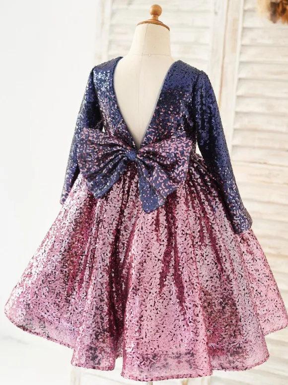 Flower Girl Dress Sequined Bows Jewel Neck Long Sleeves Pink Free Customization