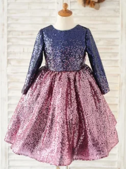 Flower Girl Dress Sequined Bows Jewel Neck Long Sleeves Pink Free Customization