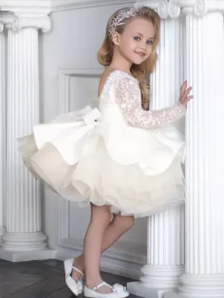 Flower Girl Dress Tulle Beaded Jewel Neck Long Sleeves Champagne Free Customization