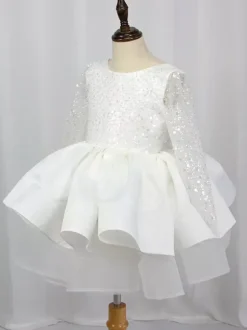 Flower Girl Dress Tulle Beaded Jewel Neck Long Sleeves Champagne Free Customization