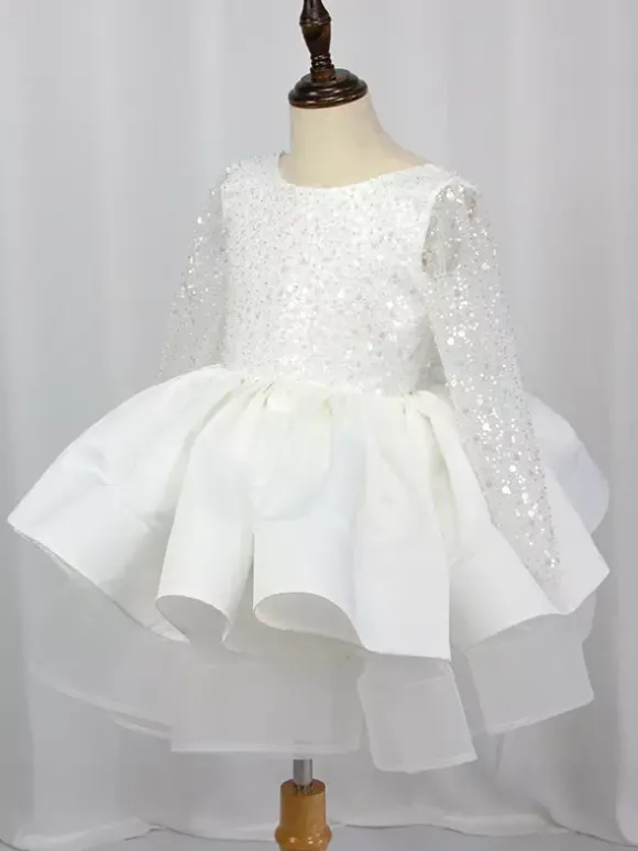 Flower Girl Dress Tulle Beaded Jewel Neck Long Sleeves Champagne Free Customization