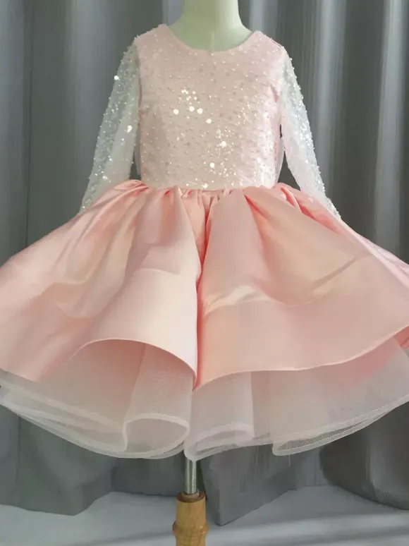 Flower Girl Dress Tulle Beaded Jewel Neck Long Sleeves Champagne Free Customization