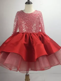 Flower Girl Dress Tulle Beaded Jewel Neck Long Sleeves Champagne Free Customization