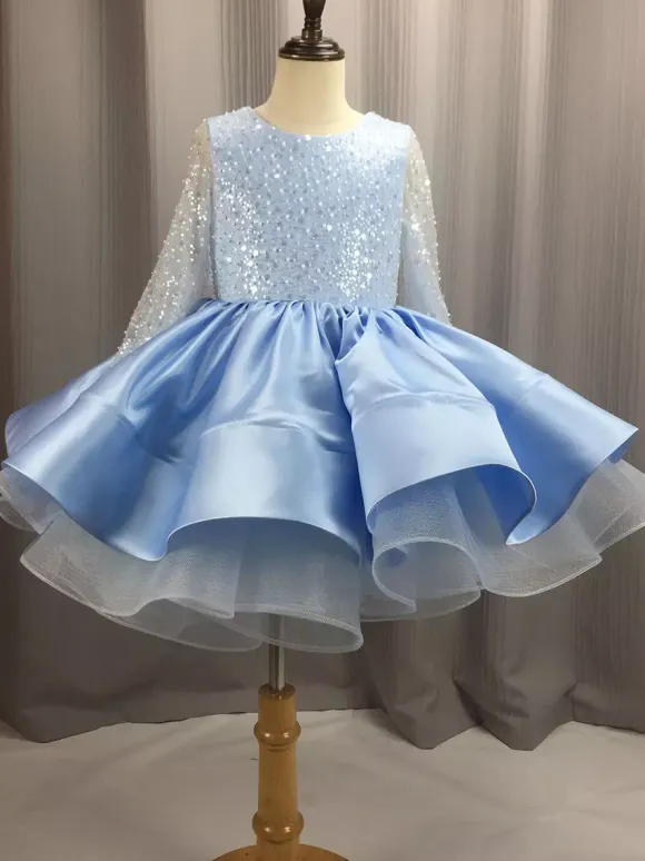 Flower Girl Dress Tulle Beaded Jewel Neck Long Sleeves Champagne Free Customization