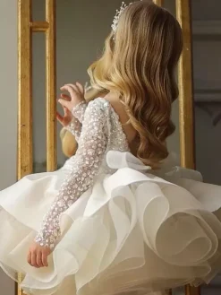 Flower Girl Dress Tulle Beaded Jewel Neck Long Sleeves Champagne Free Customization