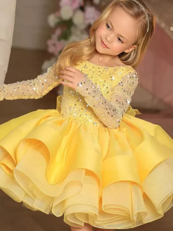 Flower Girl Dress Tulle Beaded Jewel Neck Long Sleeves Champagne Free Customization