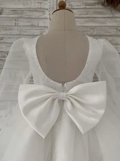 Flower Girl Dress Tulle Bows Jewel Neck Long Sleeves Ecru White Free Customization