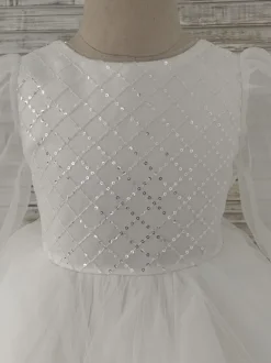 Flower Girl Dress Tulle Bows Jewel Neck Long Sleeves Ecru White Free Customization