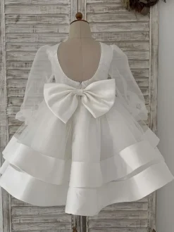 Flower Girl Dress Tulle Bows Jewel Neck Long Sleeves Ecru White Free Customization