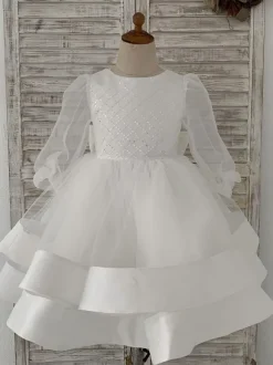 Flower Girl Dress Tulle Bows Jewel Neck Long Sleeves Ecru White Free Customization