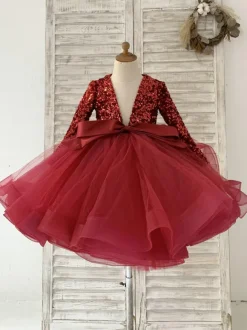 Flower Girl Dress Tulle Bows V-Neck Long Sleeves Burgundy Free Customization