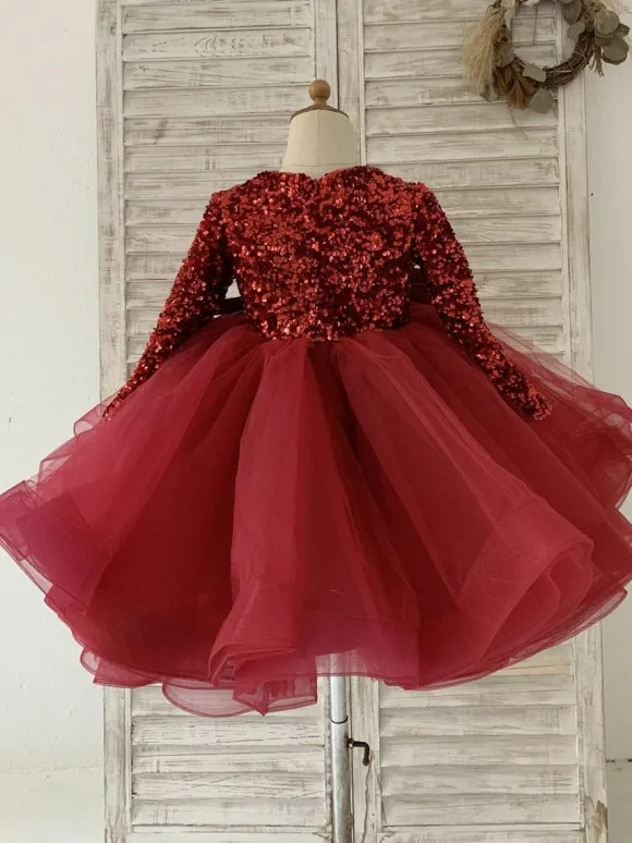 Flower Girl Dress Tulle Bows V-Neck Long Sleeves Burgundy Free Customization