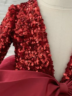 Flower Girl Dress Tulle Bows V-Neck Long Sleeves Burgundy Free Customization
