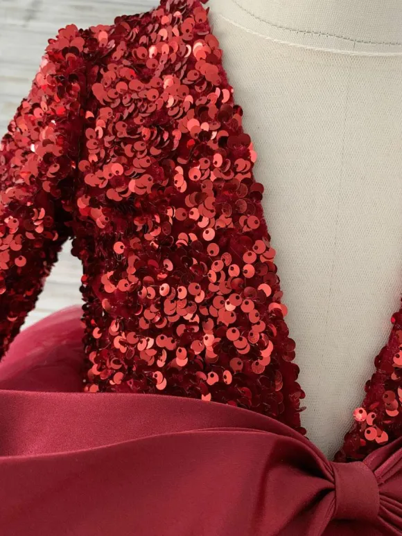 Flower Girl Dress Tulle Bows V-Neck Long Sleeves Burgundy Free Customization