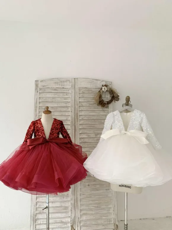 Flower Girl Dress Tulle Bows V-Neck Long Sleeves Burgundy Free Customization