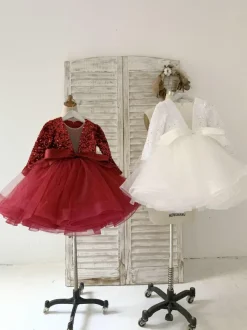 Flower Girl Dress Tulle Bows V-Neck Long Sleeves Burgundy Free Customization