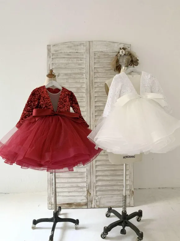 Flower Girl Dress Tulle Bows V-Neck Long Sleeves Burgundy Free Customization