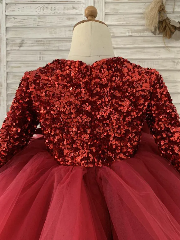 Flower Girl Dress Tulle Bows V-Neck Long Sleeves Burgundy Free Customization