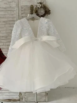 Flower Girl Dress Tulle Bows V-Neck Long Sleeves Burgundy Free Customization