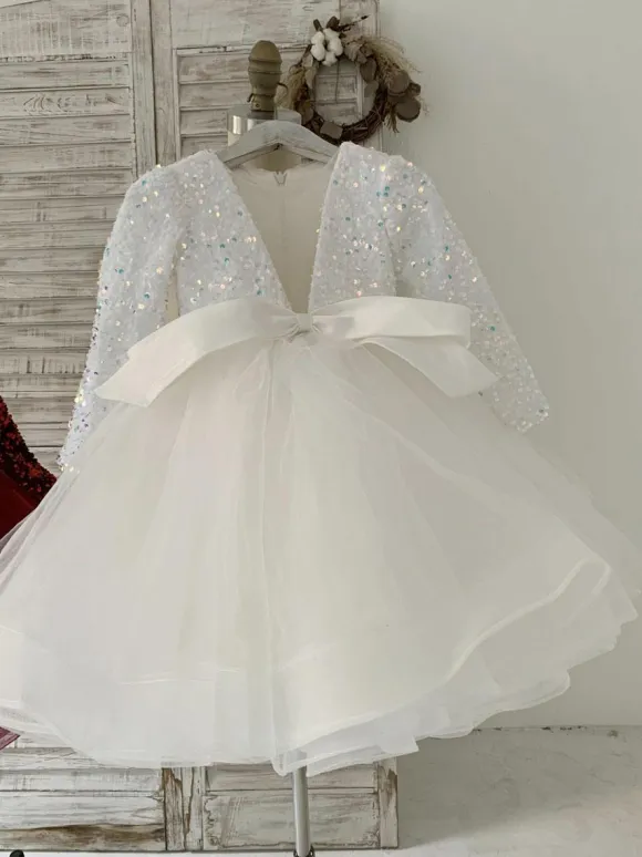 Flower Girl Dress Tulle Bows V-Neck Long Sleeves Burgundy Free Customization