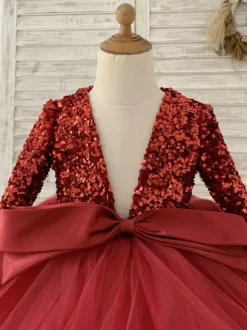 Flower Girl Dress Tulle Bows V-Neck Long Sleeves Burgundy Free Customization