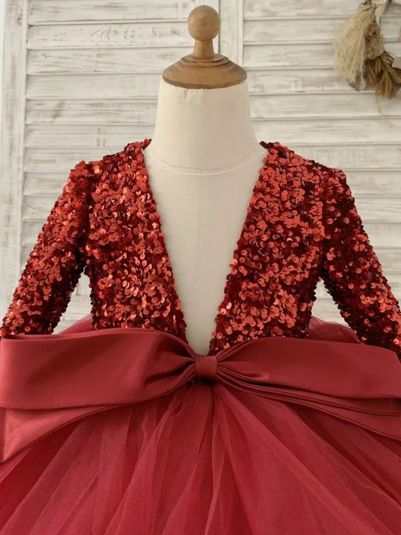 Flower Girl Dress Tulle Bows V-Neck Long Sleeves Burgundy Free Customization