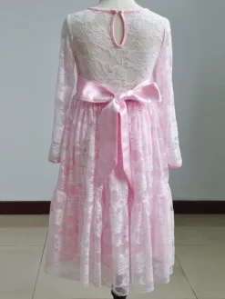 Flower Girl Wedding Dress Lace Pink Round Neck Long Sleeve Ankle Length Kids Party Dresses