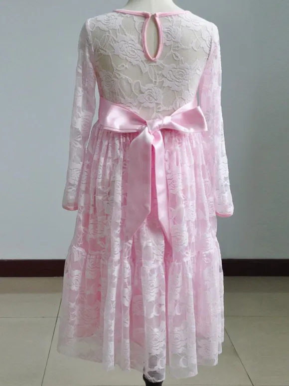 Flower Girl Wedding Dress Lace Pink Round Neck Long Sleeve Ankle Length Kids Party Dresses