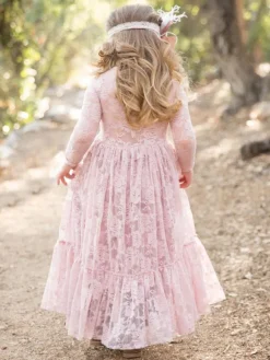 Flower Girl Wedding Dress Lace Pink Round Neck Long Sleeve Ankle Length Kids Party Dresses