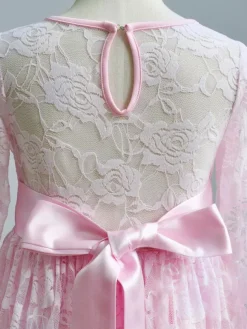 Flower Girl Wedding Dress Lace Pink Round Neck Long Sleeve Ankle Length Kids Party Dresses
