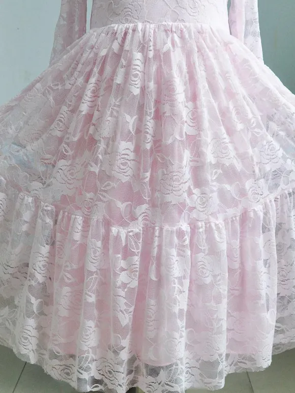 Flower Girl Wedding Dress Lace Pink Round Neck Long Sleeve Ankle Length Kids Party Dresses