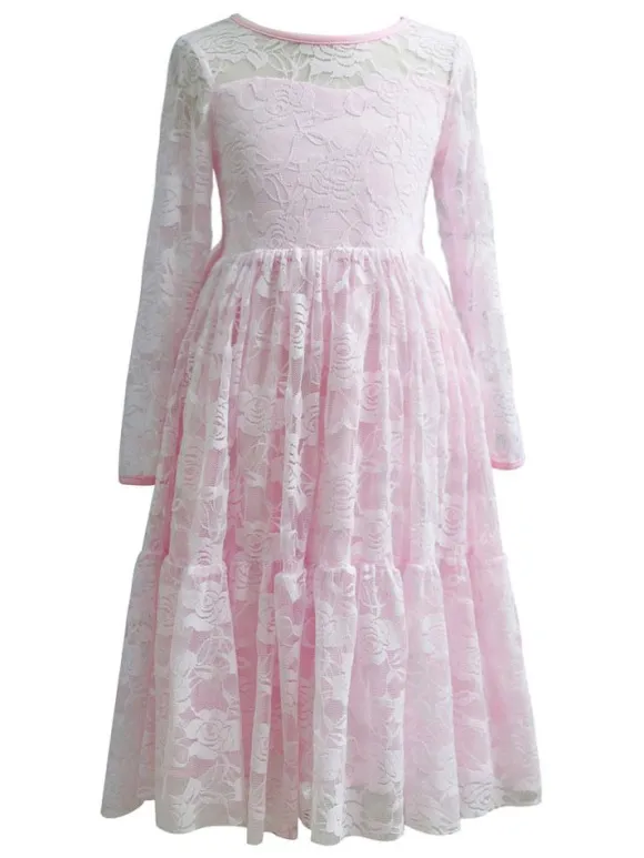 Flower Girl Wedding Dress Lace Pink Round Neck Long Sleeve Ankle Length Kids Party Dresses