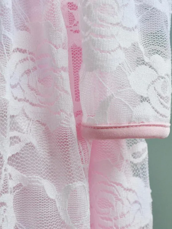 Flower Girl Wedding Dress Lace Pink Round Neck Long Sleeve Ankle Length Kids Party Dresses