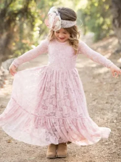 Flower Girl Wedding Dress Lace Pink Round Neck Long Sleeve Ankle Length Kids Party Dresses