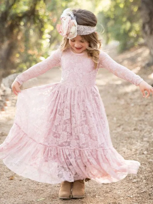 Flower Girl Wedding Dress Lace Pink Round Neck Long Sleeve Ankle Length Kids Party Dresses