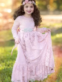 Flower Girl Wedding Dress Lace Pink Round Neck Long Sleeve Ankle Length Kids Party Dresses