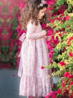 Flower Girl Wedding Dress Lace Pink Round Neck Long Sleeve Ankle Length Kids Party Dresses