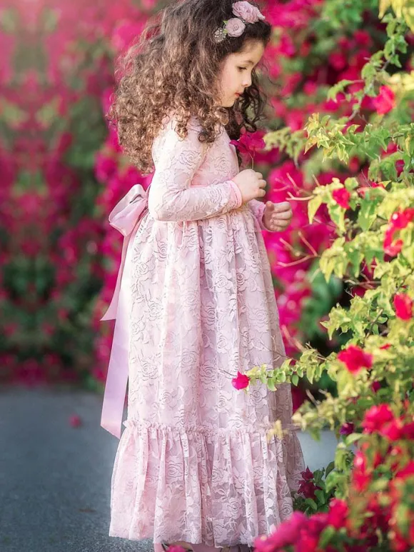 Flower Girl Wedding Dress Lace Pink Round Neck Long Sleeve Ankle Length Kids Party Dresses