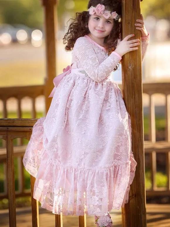 Flower Girl Wedding Dress Lace Pink Round Neck Long Sleeve Ankle Length Kids Party Dresses