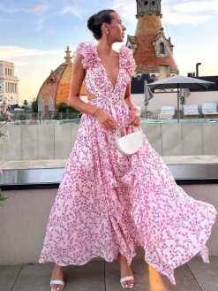 Flowy Flower Dress Plunge High-Slit Backless Maxi Boho Dresses