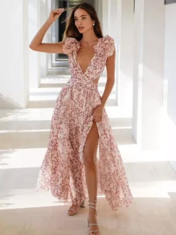 Flowy Flower Dress Plunge High-Slit Backless Maxi Boho Dresses
