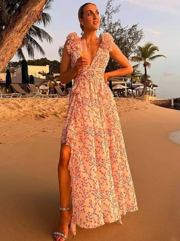 Flowy Flower Dress Plunge High-Slit Backless Maxi Boho Dresses