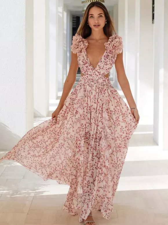 Flowy Flower Dress Plunge High-Slit Backless Maxi Boho Dresses