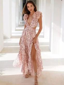 Flowy Flower Dress Plunge High-Slit Backless Maxi Boho Dresses