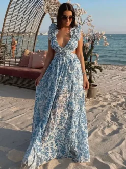 Flowy Flower Dress Plunge High-Slit Backless Maxi Boho Dresses